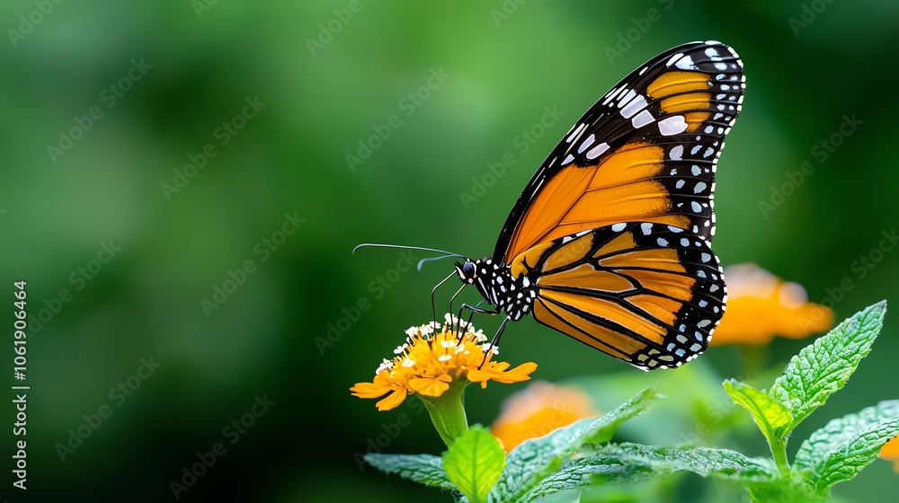 A vibrant orange butterfly with black markings perches on a yellow flower. A vibrant orange butterfly with black markings perches on a yellow flower.