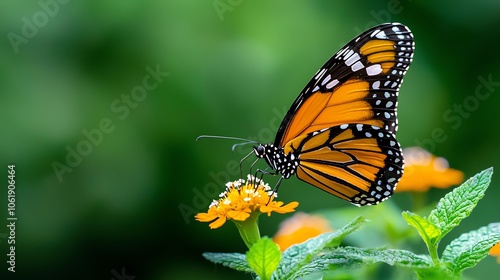 A vibrant orange butterfly with black markings perches on a yellow flower.