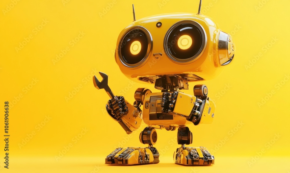 Cute Yellow Robot Holding a Wrench Cute Yellow Robot Holding a Wrench