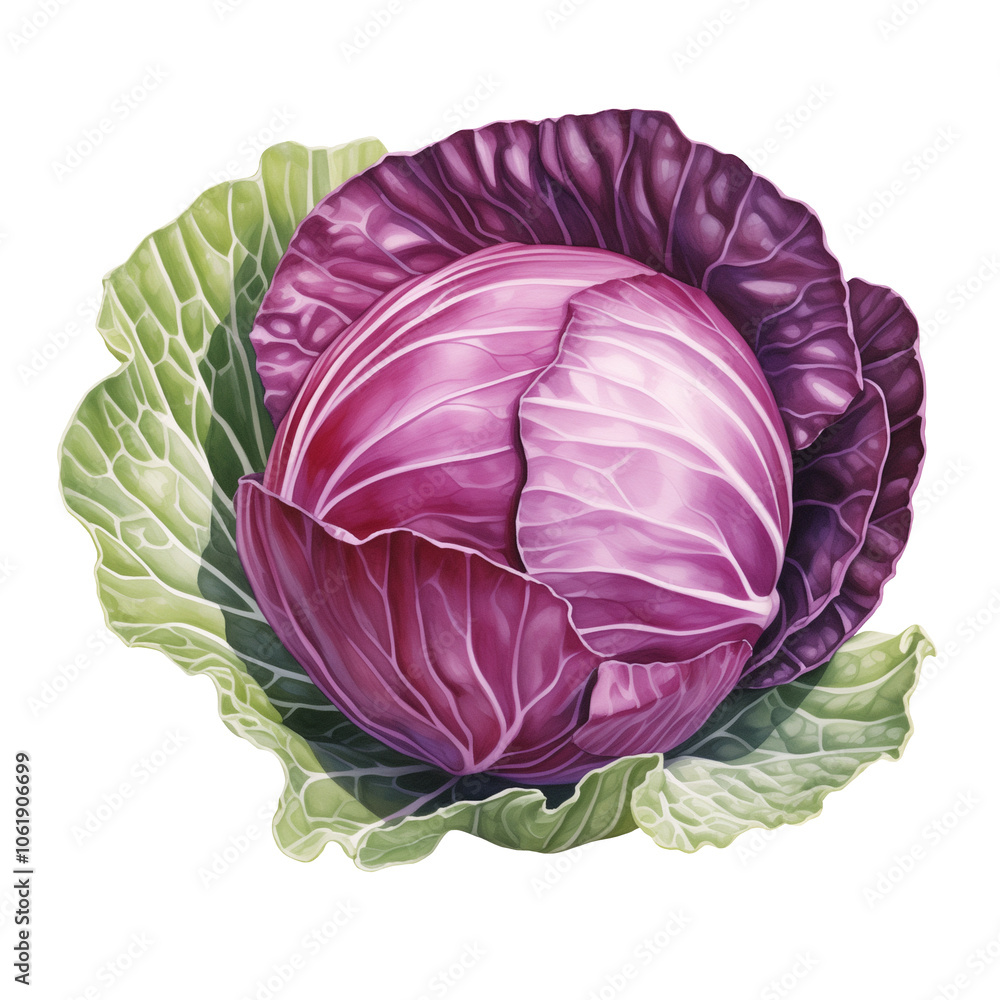 Obraz premium Watercolor Isolated Whole Red Cabbage with Green Leaves