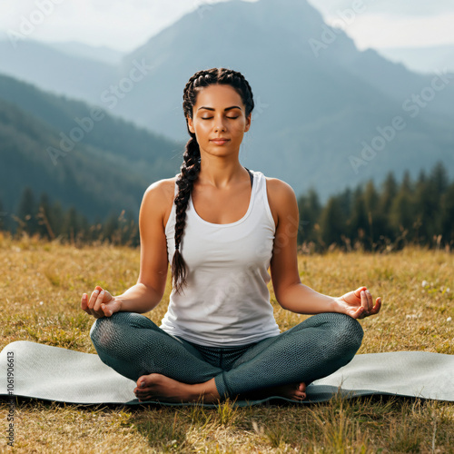Woman Meditating Outdoors in Mountain Scenery