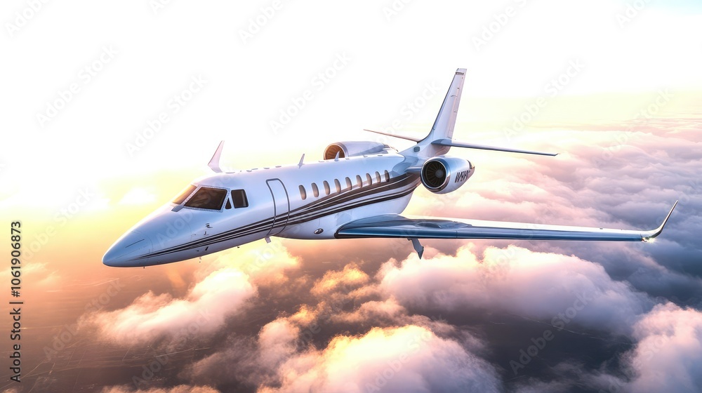 Private jet flying above the clouds during sunset, aerial view, vibrant sky. Private jet flying above the clouds during sunset, aerial view, vibrant sky.