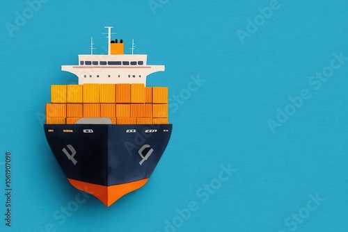 A colorful illustration of a container ship on a bright blue background, showcasing cargo and maritime themes. photo