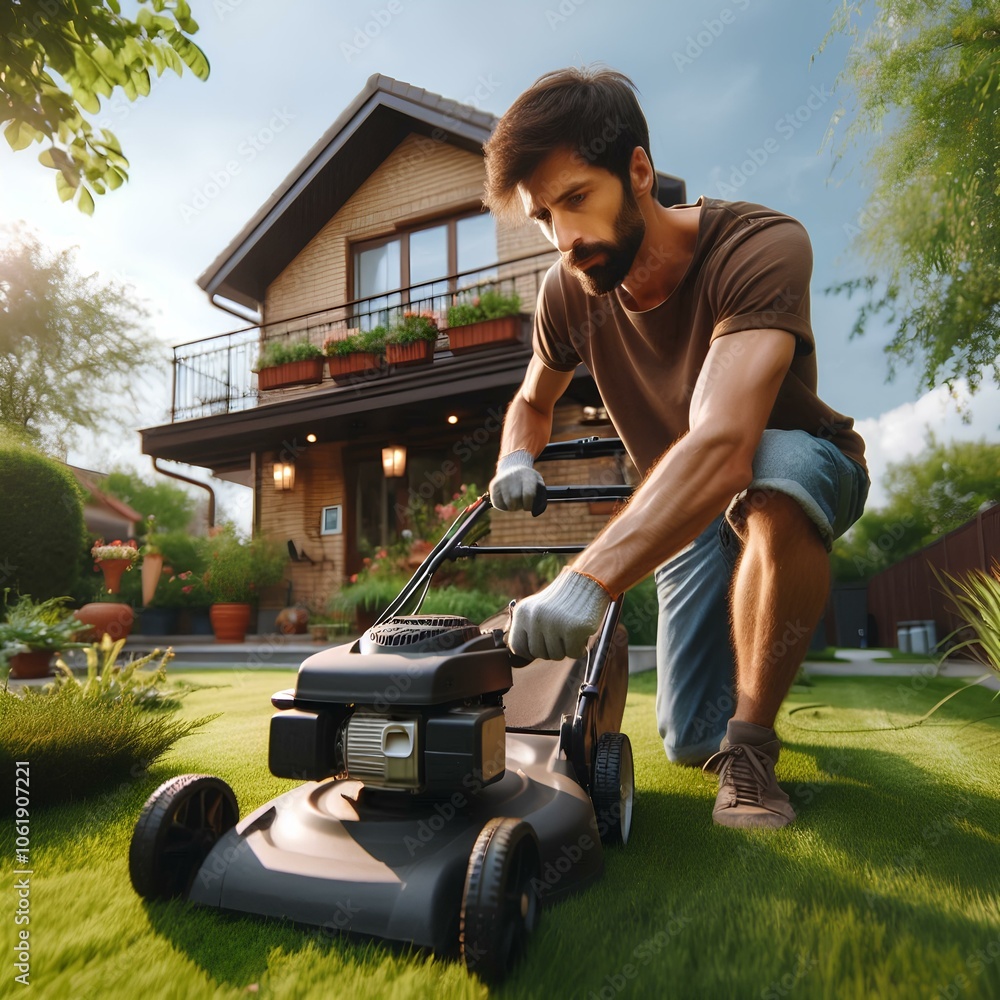 Low angle of a man pruning horticulture or hedge lawnmower machine cutting or trimming grass outdoors in his backyard on a sunny summer or spring day. Low angle of a man pruning horticulture or hedge lawnmower machine cutting or trimming grass outdoors in his backyard on a sunny summer or spring day.