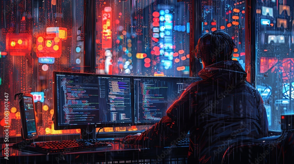 A programmer working on code, dual monitors showing complex data and coding scripts, dark room with glowing screens, focused and intense atmosphere A programmer working on code, dual monitors showing complex data and coding scripts, dark room with glowing screens, focused and intense atmosphere