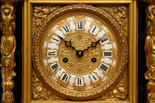A vintage decorative clock face with gilded gold surface, adorned with intricate handcrafted design and floral motif. A royal timepiece with roman numerals, opulent, from European Renaissance times.