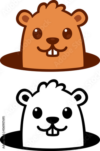 Cute cartoon marmot looking from hole in ground. Groundhog Day isolated vector illustration.