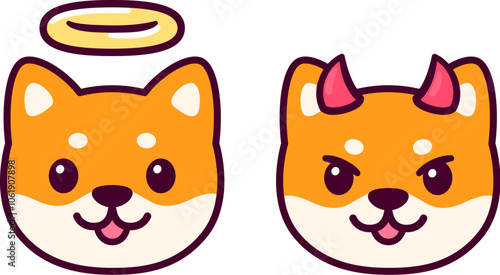 Angel and devil Shiba Inu dog face, cute cartoon drawing. Simple kawaii doodle style illustration.