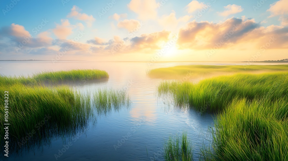 Fototapeta premium Serene Sunset Over Marsh Grass with Misty Water