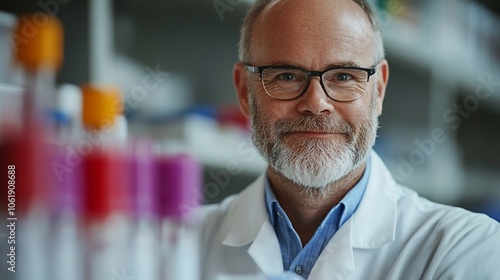 A confident senior scientist in a lab coat looking directly at the camera with a smile.