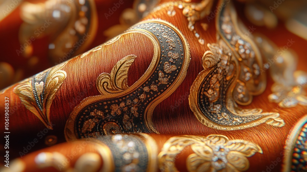 Close-up of a luxurious, textured fabric with a rich, ornate pattern in gold, silver and brown hues. Close-up of a luxurious, textured fabric with a rich, ornate pattern in gold, silver and brown hues.