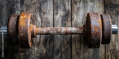 Rusty Vintage Dumbbell on Wooden Background