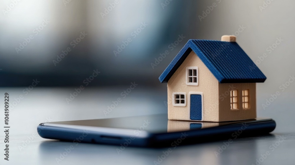 A small model house resting on top of a dark blue smartphone, representing the concept of real estate and technology, with a blurred background for a minimalistic aesthetic. A small model house resting on top of a dark blue smartphone, representing the concept of real estate and technology, with a blurred background for a minimalistic aesthetic.