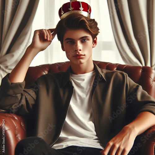 Handsome young teenager boy or man wearing crown, sitting in throne chair. Selfish confident proud king prince, narcissistic arrogant egoistic royal leader, best, brag. photo