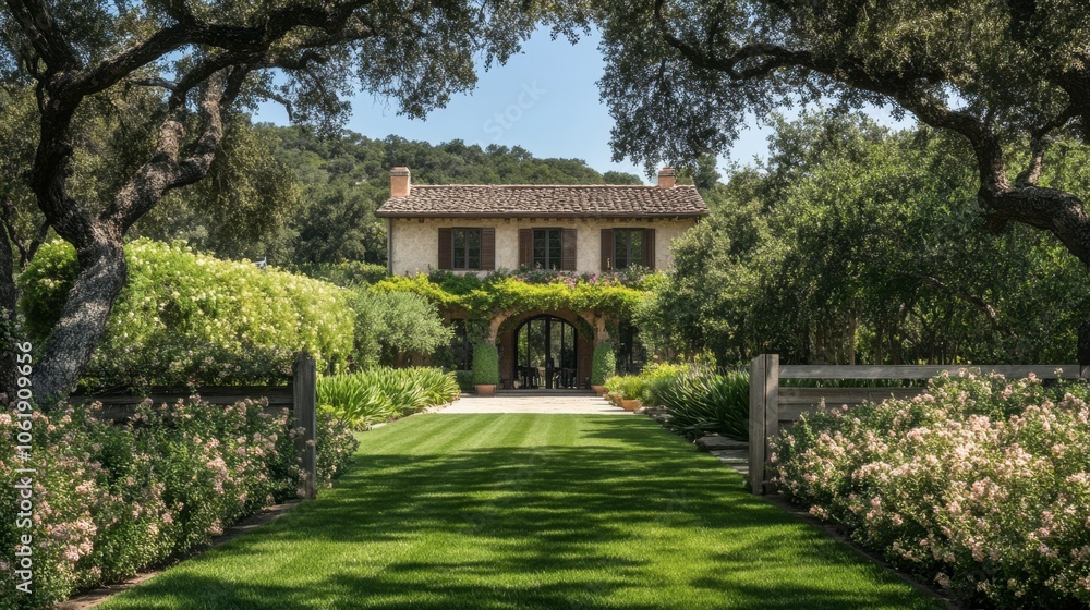 Charming residence with lush garden and serene pathway Charming residence with lush garden and serene pathway