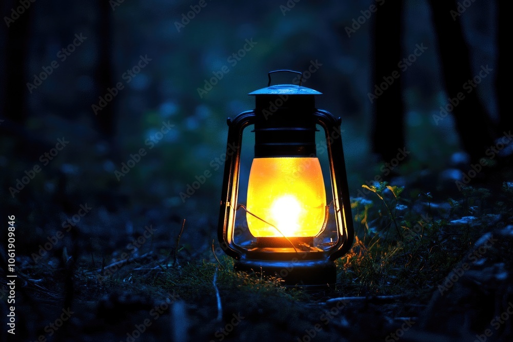 A Glowing Lantern in a Dark Forest Setting A Glowing Lantern in a Dark Forest Setting