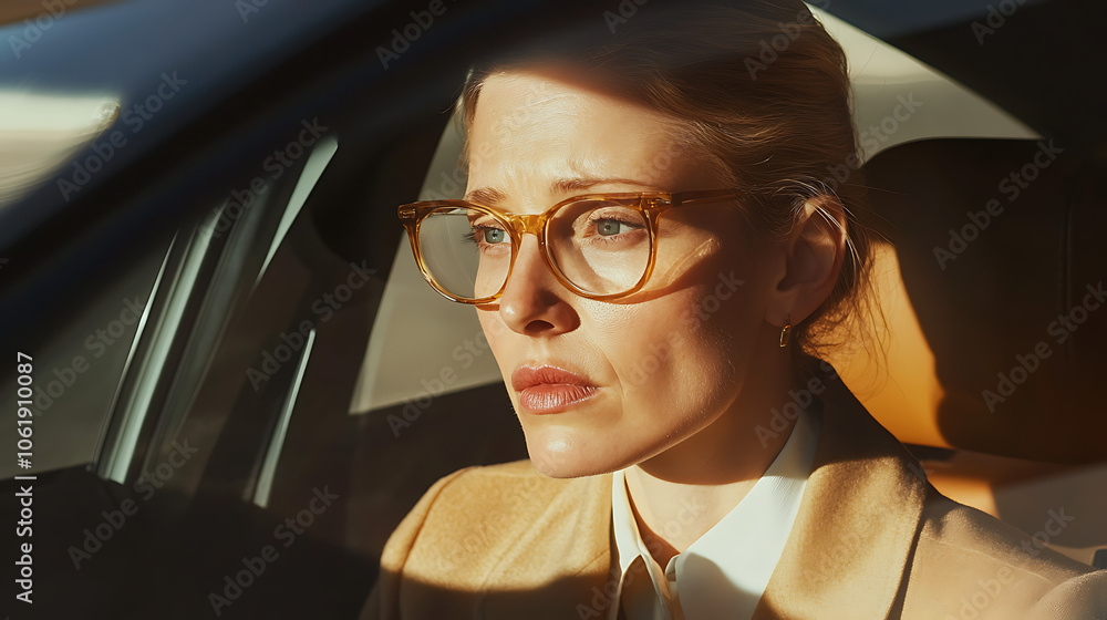 Professional woman in a car after dropping her kids off, looking out the window as she heads to work Professional woman in a car after dropping her kids off, looking out the window as she heads to work