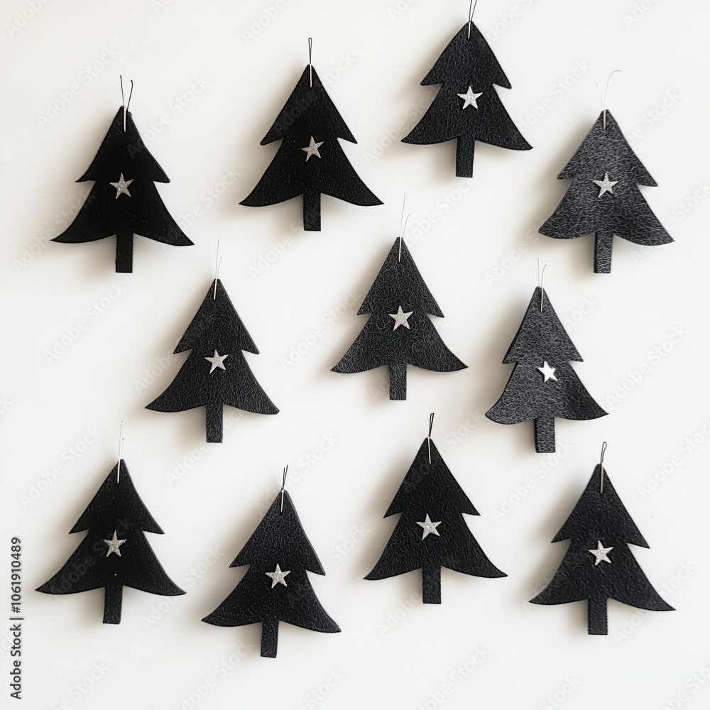 Obraz premium Felt black Christmas tree on a flat white background features a minimalistic style with black and silver colors, simple shapes, and stars on the trees.