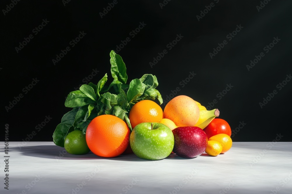 Assortment of fresh fruits and vegetables on a white table Assortment of fresh fruits and vegetables on a white table