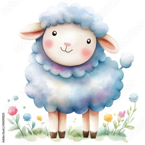 Cute Watercolor Blue Sheep Illustration   Farm Animal  Baby  Child  Nursery  Card photo