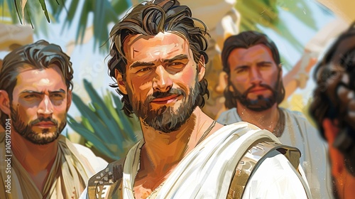 A watercolor illustration depicting the Last Supper, showcasing Jesus and his disciples during Maundy Holy Thursday in a serene outdoor setting