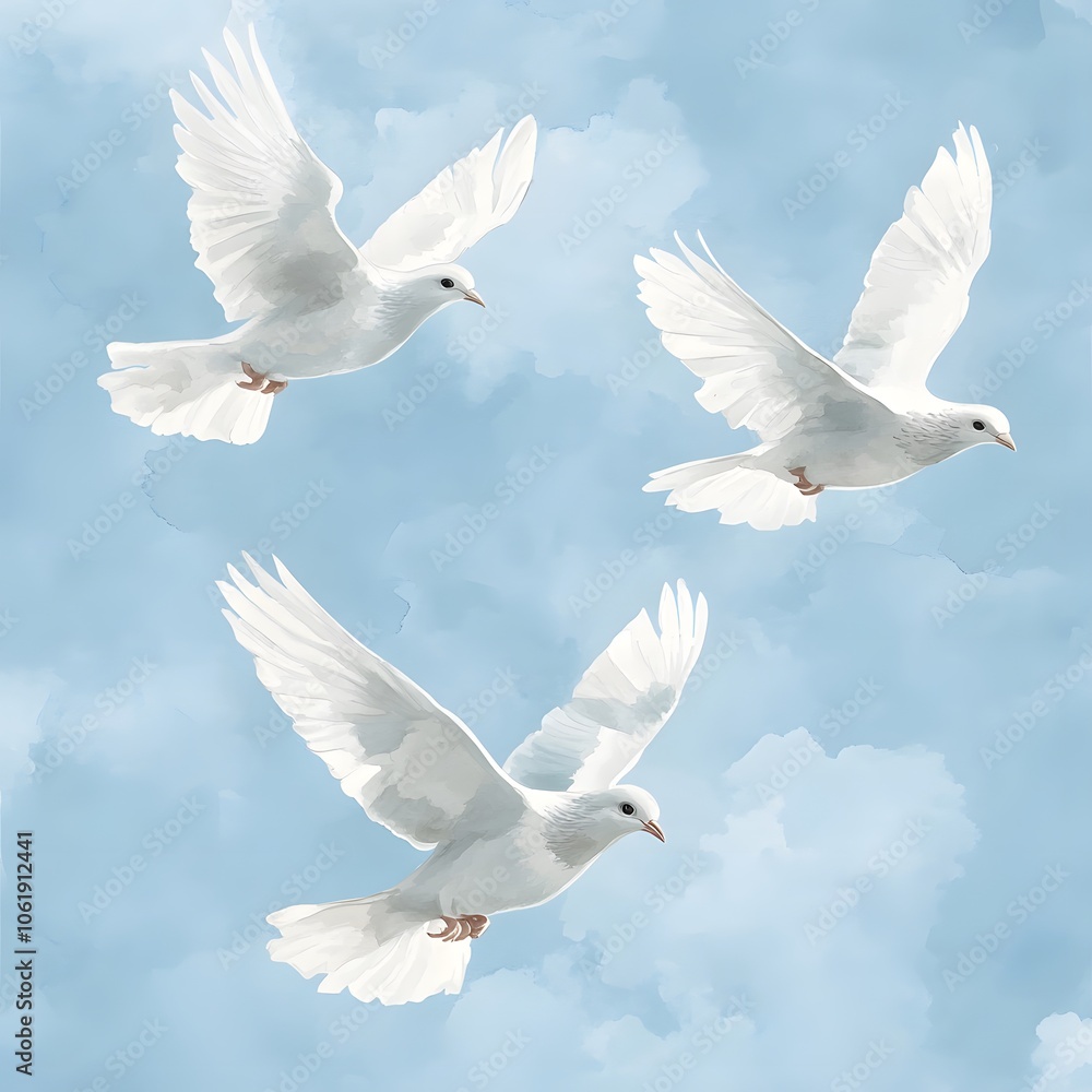 Fototapeta premium Three White Doves Flying in Blue Sky Peace Hope Freedom Nature Bird Wings Symbol