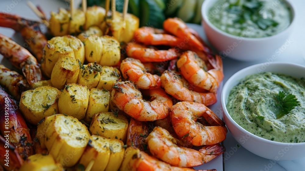 Grilled Shrimp and Vegetable Skewers with Dipping Sauce