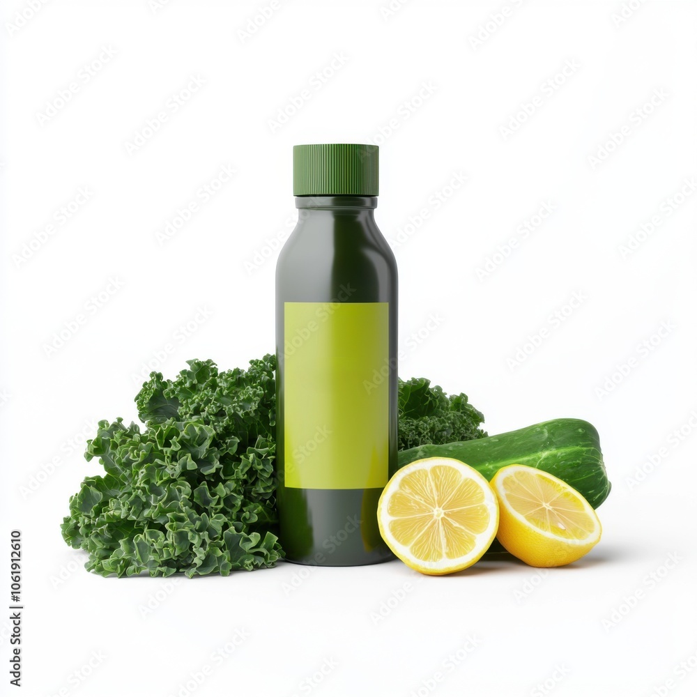 A green smoothie bottle surrounded by kale, cucumber, and fresh lemon halves, showcasing healthy, vibrant ingredients. A green smoothie bottle surrounded by kale, cucumber, and fresh lemon halves, showcasing healthy, vibrant ingredients.