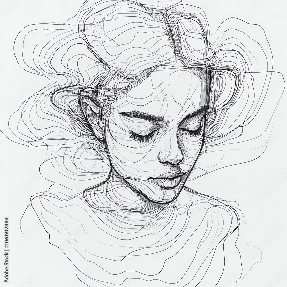 Abstract stress lines drawn around the woman as she stares blankly at her phone Abstract stress lines drawn around the woman as she stares blankly at her phone