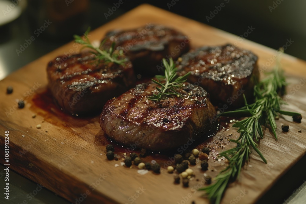 Juicy grilled steaks with rosemary and spices on a wooden board Juicy grilled steaks with rosemary and spices on a wooden board