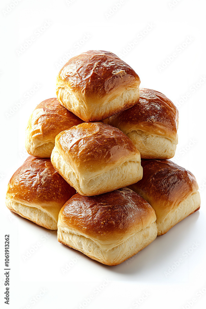 Stack of freshly baked golden bread rolls with a shiny crust on a white background, perfect for bakery or food presentation. Stack of freshly baked golden bread rolls with a shiny crust on a white background, perfect for bakery or food presentation.