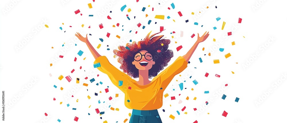 Joyful woman celebrating with confetti, expressing happiness and excitement in a colorful, vibrant setting. Joyful woman celebrating with confetti, expressing happiness and excitement in a colorful, vibrant setting.