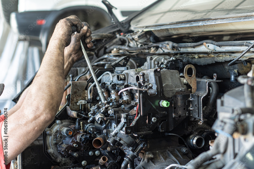 Fototapeta premium Auto parts repair in workshop close-up