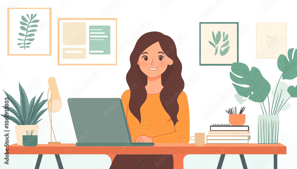 A smiling woman working on a laptop at her home office, surrounded by plants and cozy decor. A smiling woman working on a laptop at her home office, surrounded by plants and cozy decor.