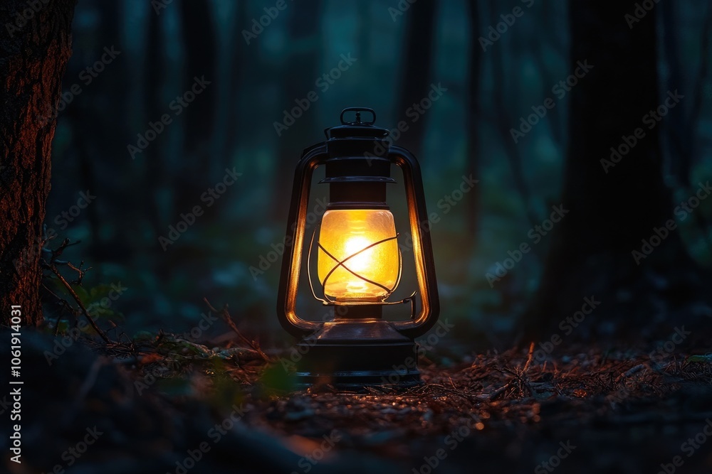 A Lantern Illuminates a Dark Forest Path A Lantern Illuminates a Dark Forest Path