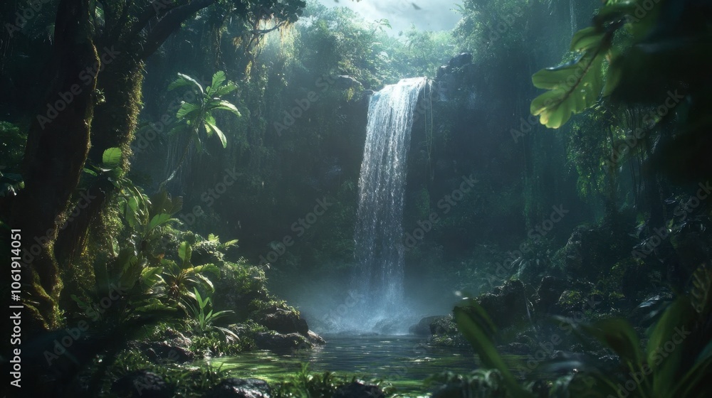 Serene Waterfall in Lush Jungle Environment Serene Waterfall in Lush Jungle Environment