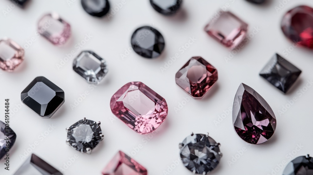 Spinel gems in a variety of colors and elegant cuts, neatly displayed on a white background Spinel gems in a variety of colors and elegant cuts, neatly displayed on a white background
