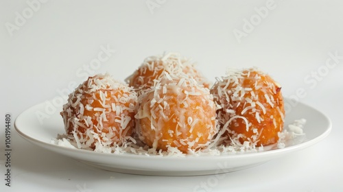 Colorful snack topped with meat or sugar and grated coconut on a white plate against a white backdrop. photo