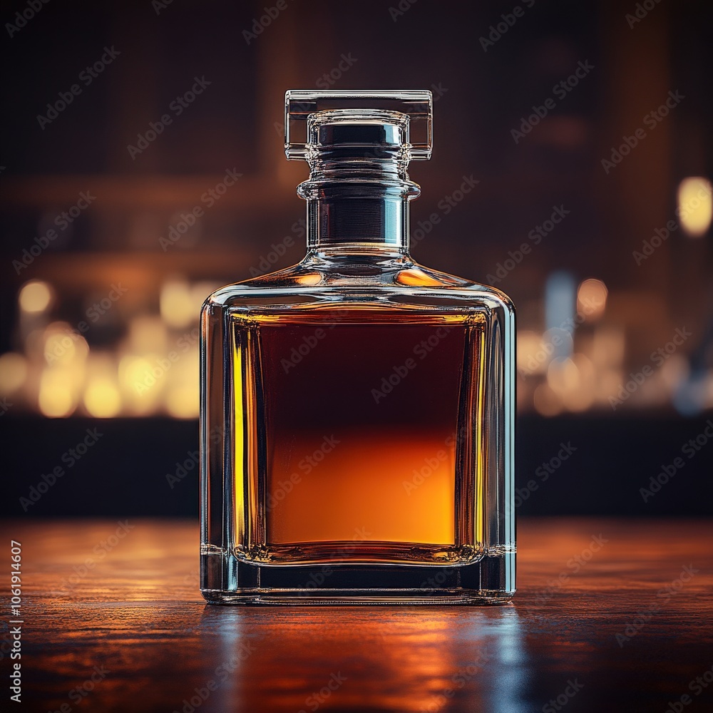 Clear Glass Bottle with Amber Liquid and Gold Foil Cap on Wooden Surface. Clear Glass Bottle with Amber Liquid and Gold Foil Cap on Wooden Surface.