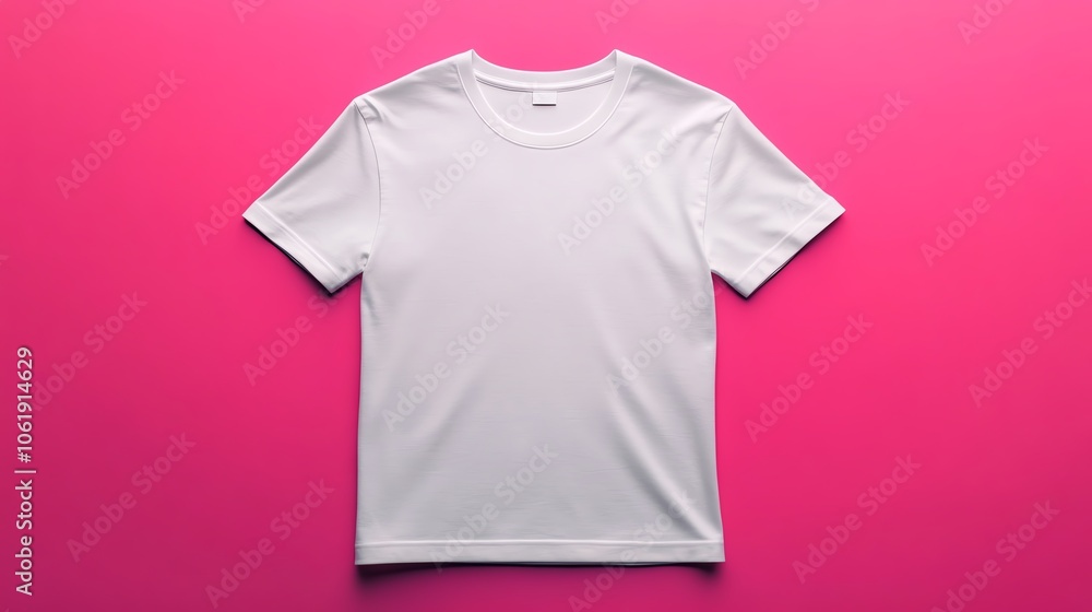 A plain white t-shirt displayed on a vibrant pink background, perfect for casual wear or design purposes. A plain white t-shirt displayed on a vibrant pink background, perfect for casual wear or design purposes.