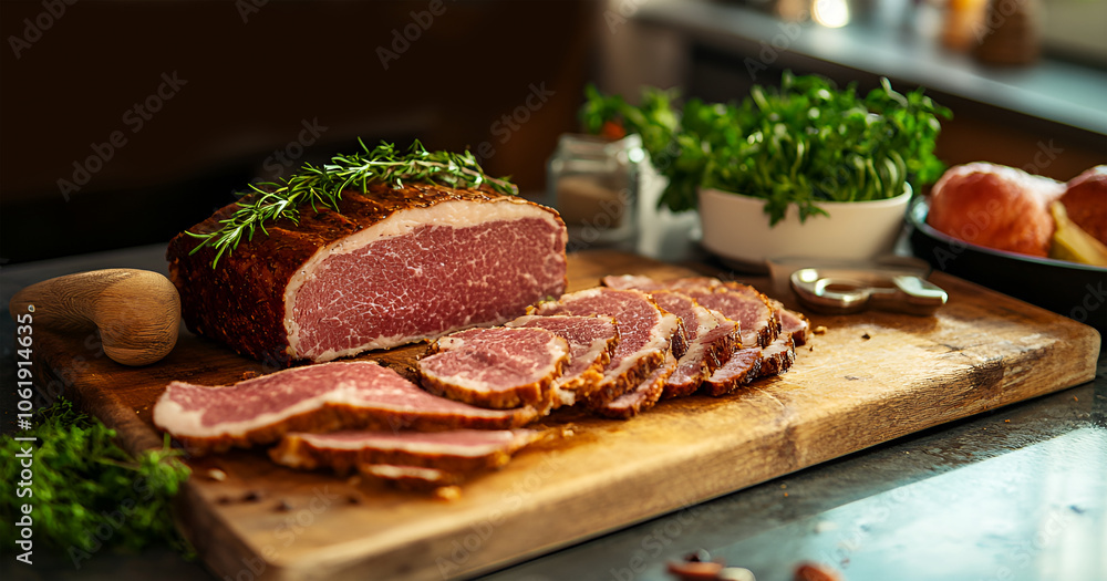 View of delicious pastrami on a wood in the kitchen View of delicious pastrami on a wood in the kitchen