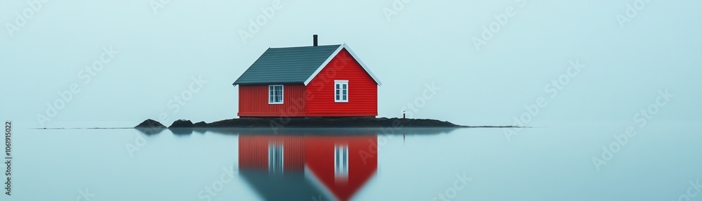 A serene red house on a small island, reflecting in calm water, surrounded by mist and tranquility, evoking a sense of peace. A serene red house on a small island, reflecting in calm water, surrounded by mist and tranquility, evoking a sense of peace.