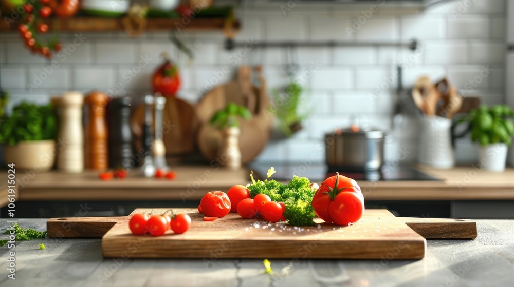 Cutting board with space for text, preparing vegetables in contemporary kitchen setting, close-up shot Cutting board with space for text, preparing vegetables in contemporary kitchen setting, close-up shot