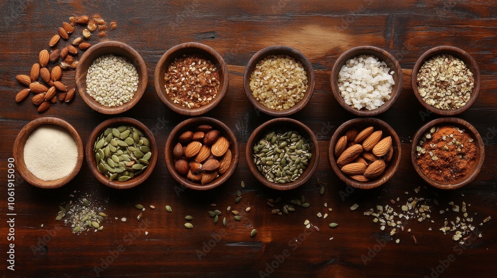 Assorted Spices and Nuts in Rustic Bowls on Table Assorted Spices and Nuts in Rustic Bowls on Table