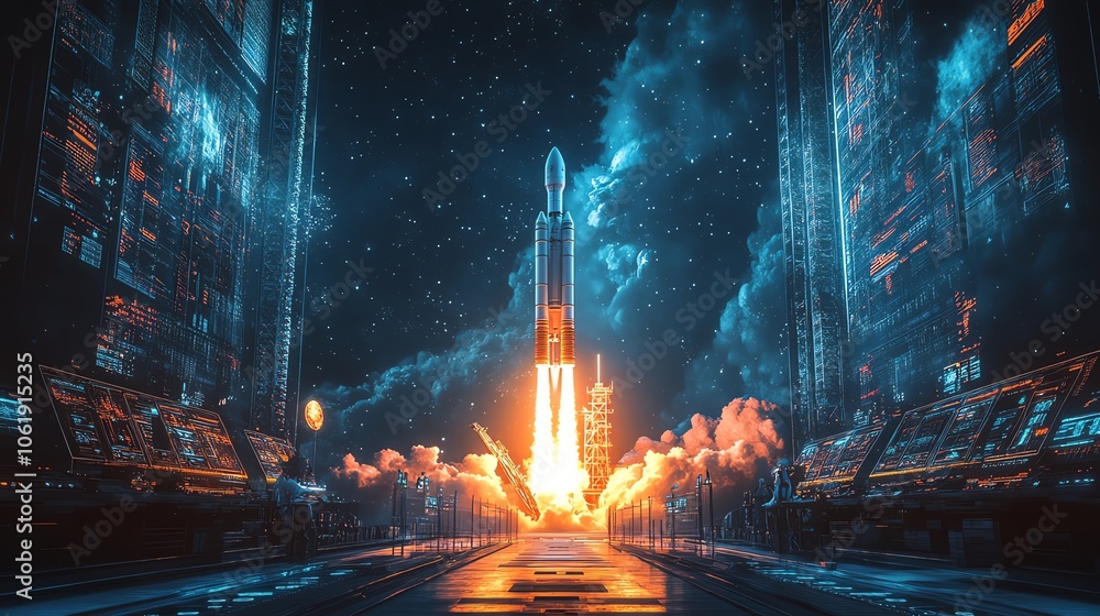 Fototapeta premium A stunning rocket launch scene in a futuristic setting, engulfed in vibrant flames and smoke, showcasing innovation and exploration.