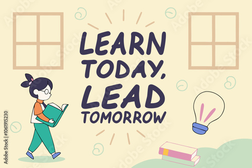 International education day Learn Today, Lead Tomorrow – Used an inspiring font with an illustration of a child reading, with light bulbs and ideas floating around 