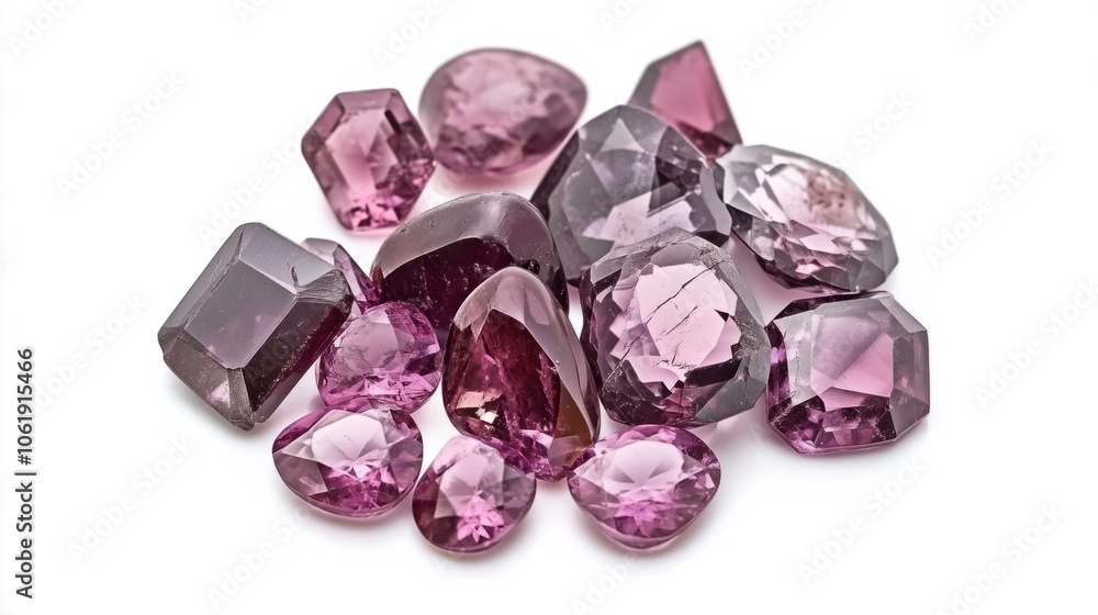 Spinel stones in a mix of colors and shapes, isolated on a white background with sparkling cuts Spinel stones in a mix of colors and shapes, isolated on a white background with sparkling cuts