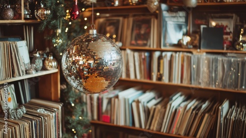 Festive retro New Year's with disco ball, antique decor, and vinyl records capturing a nostalgic holiday vibe. Christmas, New Year's Eve