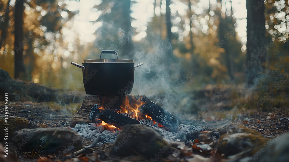 Cooking pot over campfire in forest, creating cozy atmosphere Cooking pot over campfire in forest, creating cozy atmosphere