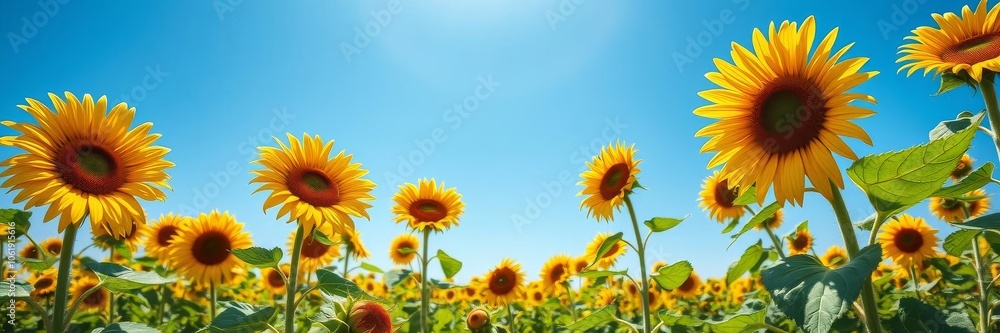 A vibrant sunflower field under a clear blue sky on a sunny summer day, growth, foliage A vibrant sunflower field under a clear blue sky on a sunny summer day, growth, foliage